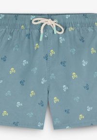 Costumi da bagno in un tessuto blu-grigio, con vita regolabile tramite cordino e motivi di teschi sparsi in blu chiaro e giallo.