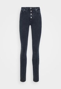 Höga svart denimjeans med knappgylf, figurnära silhuett, fem fickor och lätt stretch för komfort.