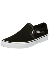 Scarpa slip-on nera in tela con suola in gomma bianca, caratterizzata da accenti in cucitura bianca e nera e un'etichetta con logo sul lato.