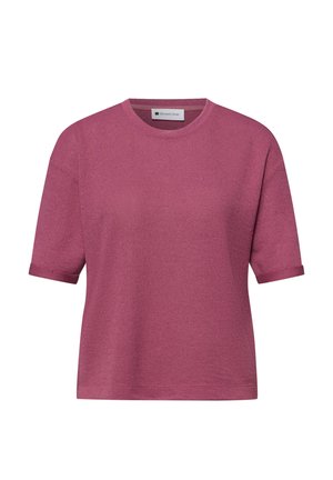 Pull mauve en maille à manches courtes avec col rond et manches retroussées, étiquette Street One.