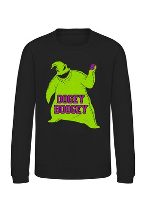 Black sweatshirt with a bright green Oogie Boogie character holding purple dice and pink text reading "OOGEY BOOGEY" on the front.