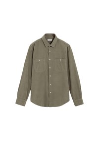 Oliivinvihreä pitkähiha paita, valmistettu pehmeästä kankaasta, jossa etupuolella napitettava kiinnitys, kaksi rintataskua ja klassinen kaulus.