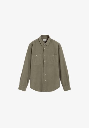 Olive green long-sleeve shirt made of soft fabric, featuring a button-up front, two chest pockets, and a classic collar design.