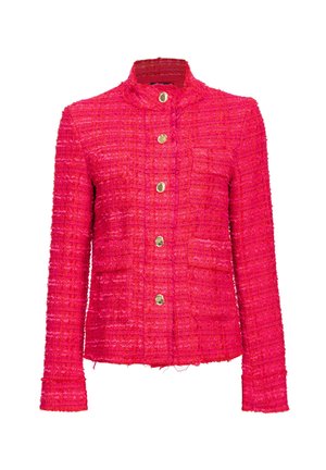 Giacca strutturata rosa brillante con colletto alto, tasche frontali e chiusura con bottoni dorati. Il materiale presenta una finitura tessuta e sfrangiata.