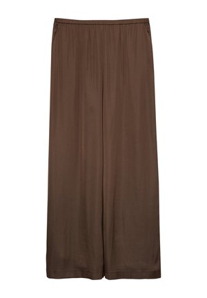 Brown wide-leg pants with elastic waistband and a smooth, lightweight fabric, displayed on a white background.