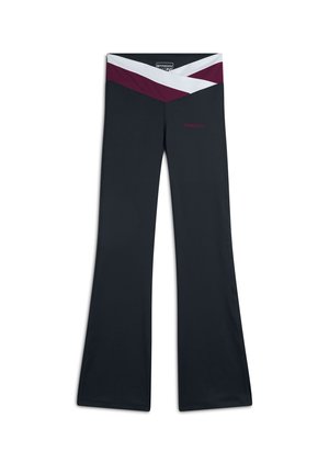 Pantaloni neri a zampa d'elefante con una vita alta caratterizzata da strisce sovrapposte in bordeaux e bianco; logo "FREDDY" ricamato in bordeaux.