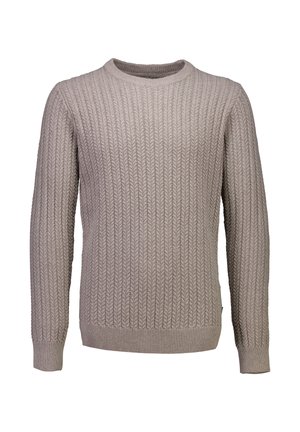 Beige gebreide trui met een ribbelstructuur, ronde hals en lange mouwen, voorzien van een subtiel visgraatpatroon en ribgebreide manchetten en zoom.