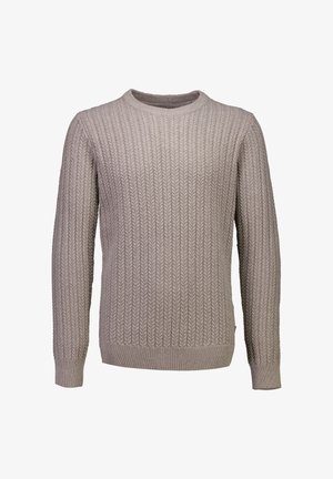 Beige gebreide trui met een ribbelstructuur, ronde hals en lange mouwen, voorzien van een subtiel visgraatpatroon en ribgebreide manchetten en zoom.