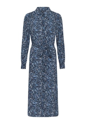 Dolga obleka iz temno modrega materiala, ki ima svetlo modri razpršen vzorec. Elastičen pas s trakom za vezanje in detajl pri ovratniku.