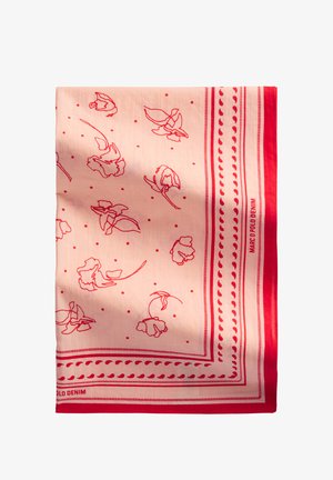 Czerwona szal z kwiatowym nadrukiem w kropki na delikatnym brzoskwiniowym tle. Posiada jednolity czerwony obramowanie oraz szczegółowe konturowane wzory kwiatowe.