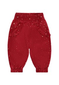 Pantaloni per bambini in velluto rosso con vita ed orli elasticizzati, caratterizzati da piccoli cuori dorati e taschini frontali arricciati.