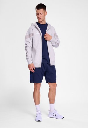Grauer Reißverschluss-Hoodie mit hellgrauen Akzenten und Logo, kombiniert mit marineblauen Shorts und weißen Sneakers. Verfügt über eine lockere Passform und ein lässiges Design.