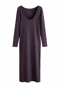 Vestido de manga larga y escote redondo en tela de canalé púrpura oscuro, con un corte holgado y un dobladillo recto para un diseño minimalista.