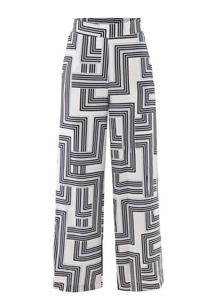 Spodnie o szerokich nogawkach wykonane z lekkiego materiału, z monochromatycznym geometrycznym wzorem z czarnymi i jasnoniebieskimi liniami na białym tle.