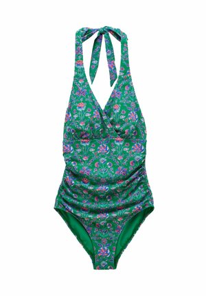 Green halter-neck one-piece swimsuit with pink, purple, and blue floral pattern and ruched detailing on the sides.