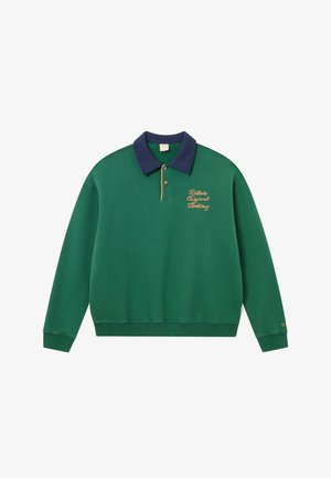 Grüne Sweatshirt mit navyfarbenem Kragen, goldener Stickerei und gerippten Bündchen. Verfügt über ein Pullover-Design und einen weichen, strukturierten Stoff. Klassischer sportlicher Stil.