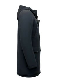 Marineblauwe gewatteerde jas met capuchon, voorzien van een ritssluiting, drukknopen en een zijzak. Soepele textuur en gestroomlijnd ontwerp.