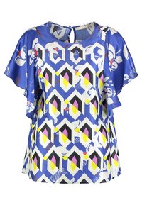 Blå mønstret top med blomster- og geometriske designs, korte svajende ærmer og en rund halsudskæring med et lille nøglehul i ryggen.