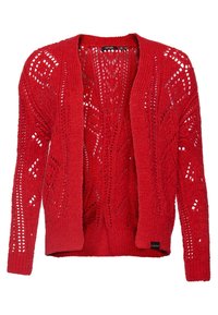 Cardigan en tricot rouge avec une ouverture à l'avant, arborant un motif en dentelle géométrique et des poignets côtelés. Fabriqué en fil texturé.
