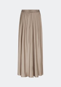 Lang, beige nederdel med elastisk talje, lavet af glat, flydende stof, med et enkelt design og fuld silhuet.