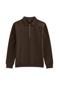 Maglione marrone realizzato in tessuto morbido e liscio, con colletto con zip, maniche lunghe e una vestibilità rilassata per il massimo comfort.