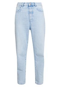 Jeans a vita alta di colore blu chiaro in denim, con una silhouette aderente, design a cinque tasche e chiusura con zip e bottone.