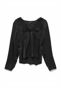 Sort langærmet bluse med V-hals og blondekant, lagdelt design og en glat, let skinnende tekstur.