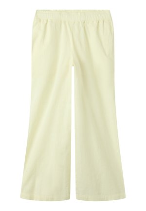 Weit geschnittene, hellgelbe Hose mit elastischem Bund, flach auf weißem Hintergrund präsentiert.