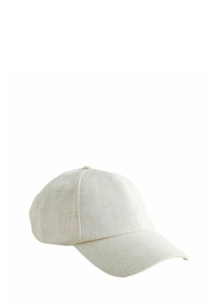 Gorra de béisbol de tela texturizada color crema con diseño de seis paneles y visera curva sobre un fondo blanco.