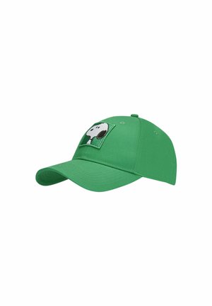 Casquette de baseball verte avec une visière courbée et un patch brodé de Snoopy sur le devant. Fabriquée en coton avec une coupe structurée et une sangle ajustable.