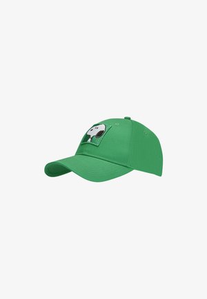 Green baseball cap with a curved brim and embroidered Snoopy patch on the front. Made of cotton with a structured fit and adjustable strap.