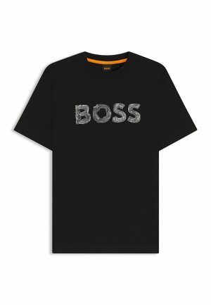 Svart bomullströja med en strukturerad, vitrandig "BOSS"-logotyp på framsidan. Klassisk rund hals och korta ärmar. Normal passform.