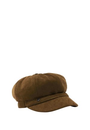 Brown soft fabric newsboy cap with a short curved brim and decorative small metal button on the front band.
