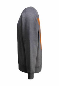 Grijze sweatshirt met oranje grafisch ontwerp, met een ronde hals, lange mouwen en geribde manchetten en onderkant. Gladde textuur.