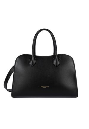 Sac à main en cuir noir avec deux poignées, une bandoulière et un logo doré « Lancaster Paris » au centre devant.