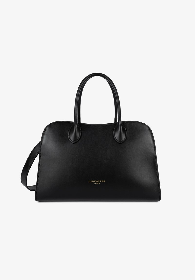 Sac à main en cuir noir avec deux poignées, une bandoulière et un logo doré « Lancaster Paris » au centre devant.
