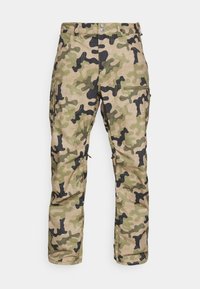 Camouflage-Cargohosen in Grün- und Brauntönen, mit mehreren Taschen, einer Reißverschlusstasche und lockerem Schnitt.