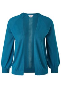 Petrolinvärinen neulejakku rentolla istuvuudella, jossa on V-kaula-aukko, avoin etuosa ja hienovarainen kuviointi keskellä. Pitkät hihat resoreilla.