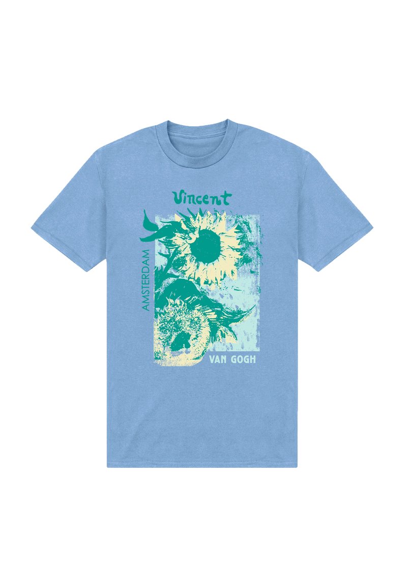 Camiseta de algodón azul claro con diseño impreso en amarillo y verde azulado de girasoles y pájaros, con el texto "Vincent Amsterdam Van Gogh".