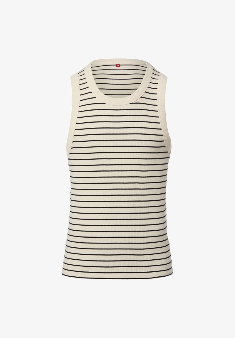 Ärmelloses, geripptes Stricktop in Creme mit dünnen schwarzen horizontalen Streifen und rundem Ausschnitt, Größe Medium.