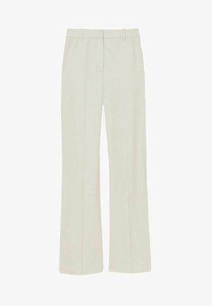Pantalon beige clair en tissu lisse, avec une coupe droite, une pliure sur le devant et une taille standard avec passants de ceinture.
