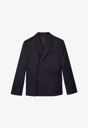 Dubbel-gebreid marineblauw blazer met witte streepjes, met gegroefde revers, twee voorzakken en zwarte knopen. Glad oppervlak, op maat gemaakte uitstraling.
