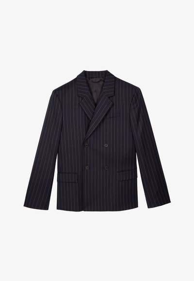Dubbel-gebreid marineblauw blazer met witte streepjes, met gegroefde revers, twee voorzakken en zwarte knopen. Glad oppervlak, op maat gemaakte uitstraling.