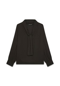 Blusa nera in tessuto leggero con colletto a fiocco, maniche lunghe e un motivo a pois discreto. Presenta polsini arricciati per un tocco di dettaglio.