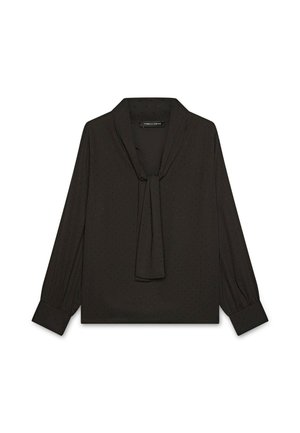Blusa nera in tessuto leggero con colletto a fiocco, maniche lunghe e un motivo a pois discreto. Presenta polsini arricciati per un tocco di dettaglio.