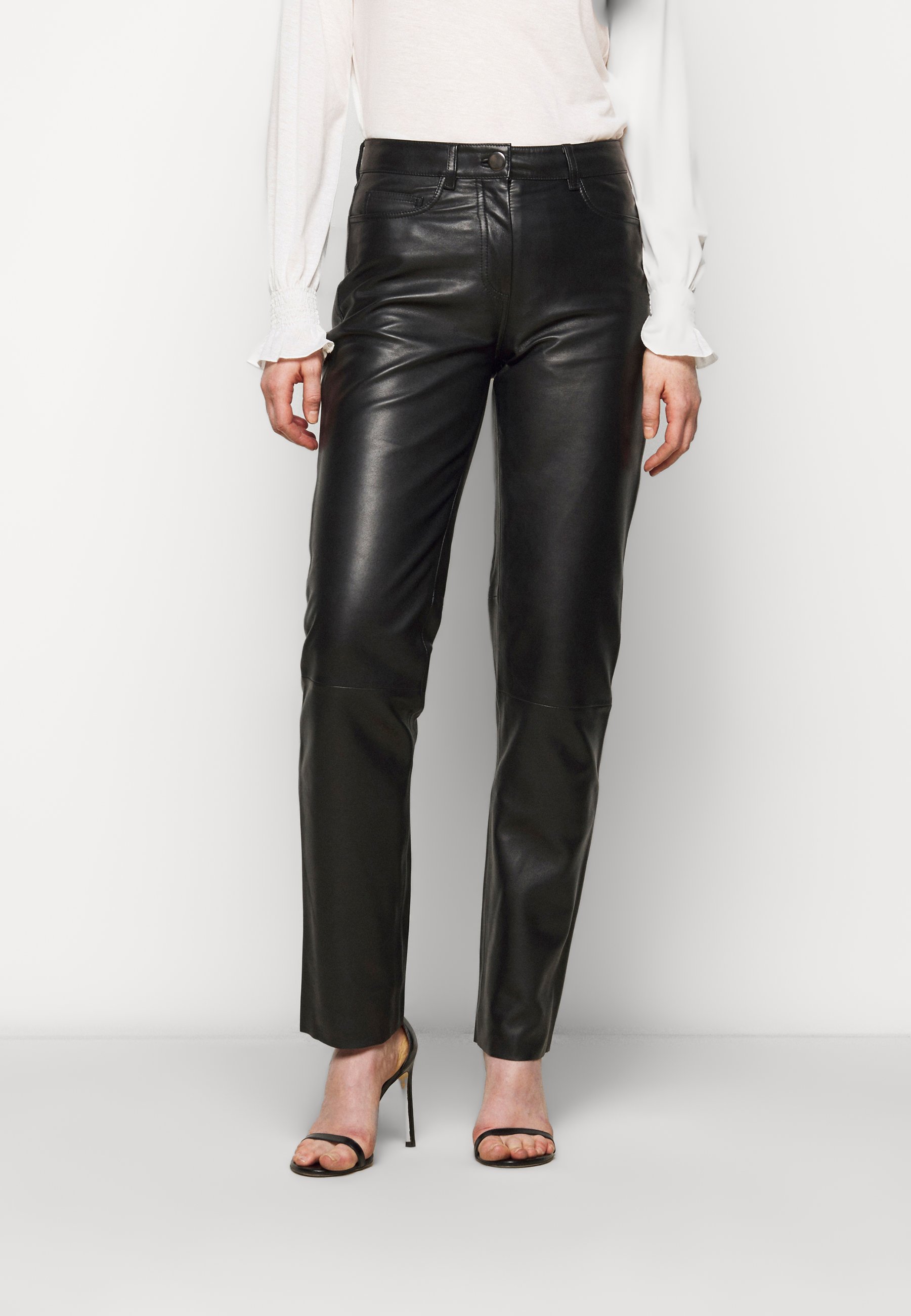 STUDIO ID GRETA SLIM FIT TROUSERS - Leren broek - black/Zwart - Zalando.nl