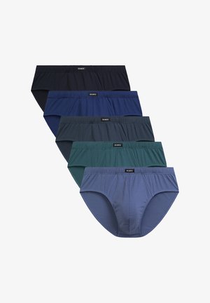 Pięć par męskich slipów w kolorach: czarnym, granatowym, ciemnoszarym, morskim i jasnoniebieskim, każda z elastycznym pasem z napisem "Atlantic".