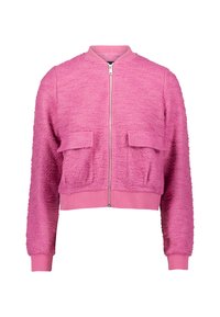 Veste bomber rose raccourcie en tissu texturé, avec une fermeture éclair frontale, deux poches poitrine et des poignets et un ourlet côtelés.