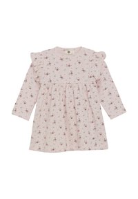 Roze lange jurk met lange mouwen, bloemenprint, ruches op de schouders, ronde hals en een geplooide rok. Zachte, gestructureerde stof, casual ontwerp.