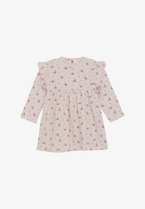 Pink long-sleeve dress with floral print, ruffled shoulders, round neckline, and pleated skirt. Soft textured fabric, casual design.
